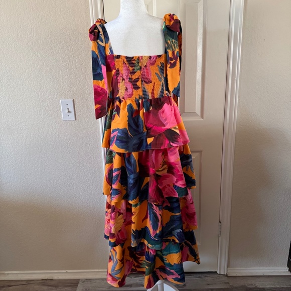 Farm Rio Tropical Floral Printed Colorful Layered Maxi Dress Size L Tie Straps - Picture 2 of 14